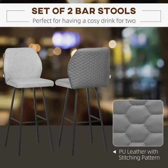 Buy Bar Stools Set of 2, Linen-Touch Upholstered Bar Chairs, Kitchen Stools with Backs and Steel Legs, Light Grey, 4 image