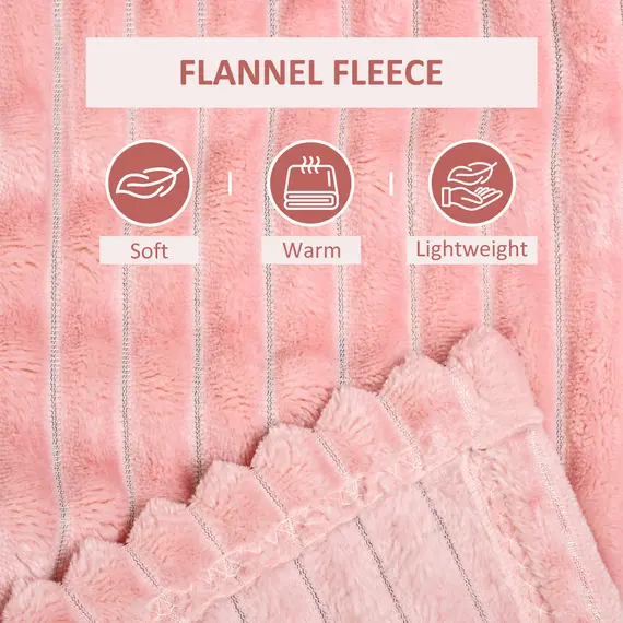 Buy Flannel Fleece Throw Blanket, Fluffy Warm Throw Blanket, Striped Reversible Travel Bedspread, Single Size, 152 x 128cm, Pink, 4 image