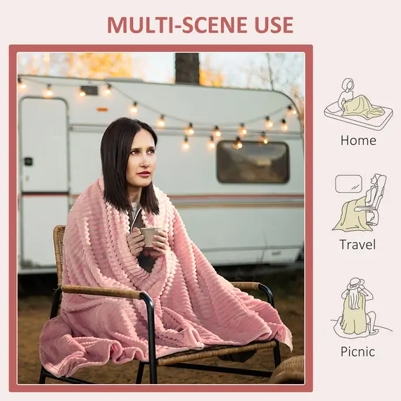 Buy Flannel Fleece Throw Blanket, Fluffy Warm Throw Blanket, Striped Reversible Travel Bedspread, Single Size, 152 x 128cm, Pink, 5 image