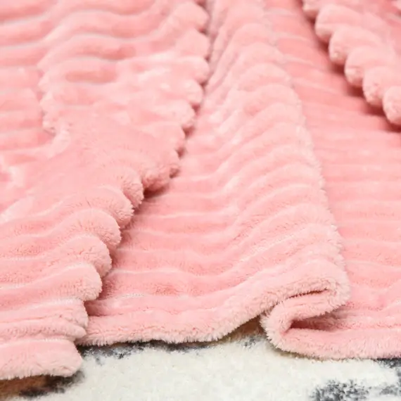 Buy Flannel Fleece Throw Blanket, Fluffy Warm Throw Blanket, Striped Reversible Travel Bedspread, Single Size, 152 x 128cm, Pink, 9 image