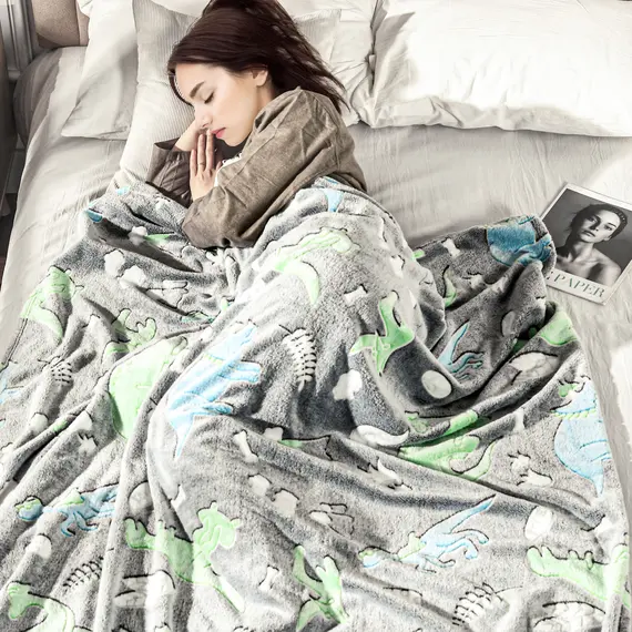 Buy Glow in The Dark Flannel Fleece Throw Blanket, Fluffy Warm Throw Blanket, Kids Dinosaur Luminous Blanket, 203x153cm, Grey, 2 image