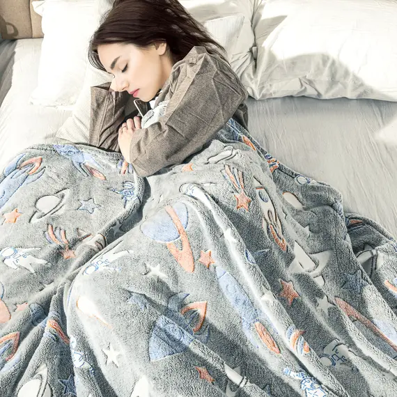 Buy Glow in The Dark Flannel Fleece Throw Blanket, Fluffy Warm Throw Blanket, Kids Galaxy Stars Luminous Blanket, 203x153cm, Grey, 2 image