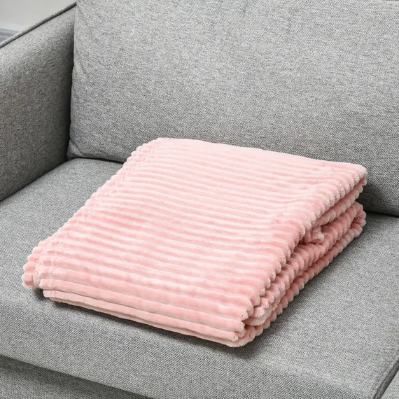 Buy HOMCOM Flannel Fleece Throw Blanket, Fluffy Warm Throw Blanket, Striped Reversible Travel Bedspread, Double Size, 203 x 153cm, Pink, 7 image
