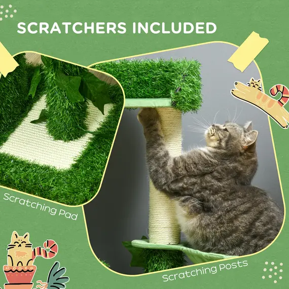 Buy PawHut 77cm Cat Tree for Indoor Cats with Green Leaves, Multi Levels Cat Climbing Tree with Sisal Scratching Posts, Perch Hammock, Condo Green, 6 image