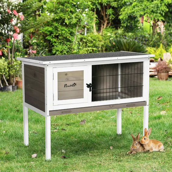 Buy PawHut Elevated Wooden Rabbit Hutch, Indoor/Outdoor Bunny Cage with Hinged Asphalt Roof and Removable Tray for Guinea Pig, Brown, 2 image