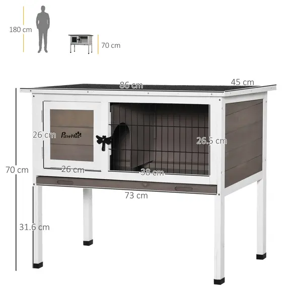 Buy PawHut Elevated Wooden Rabbit Hutch, Indoor/Outdoor Bunny Cage with Hinged Asphalt Roof and Removable Tray for Guinea Pig, Brown, 3 image