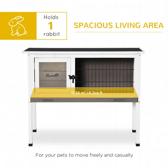 Buy PawHut Elevated Wooden Rabbit Hutch, Indoor/Outdoor Bunny Cage with Hinged Asphalt Roof and Removable Tray for Guinea Pig, Brown, 4 image