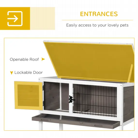 Buy PawHut Elevated Wooden Rabbit Hutch, Indoor/Outdoor Bunny Cage with Hinged Asphalt Roof and Removable Tray for Guinea Pig, Brown, 7 image
