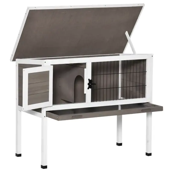 Buy PawHut Elevated Wooden Rabbit Hutch, Indoor/Outdoor Bunny Cage with Hinged Asphalt Roof and Removable Tray for Guinea Pig, Brown, 8 image