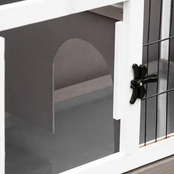 Buy PawHut Elevated Wooden Rabbit Hutch, Indoor/Outdoor Bunny Cage with Hinged Asphalt Roof and Removable Tray for Guinea Pig, Brown, 9 image