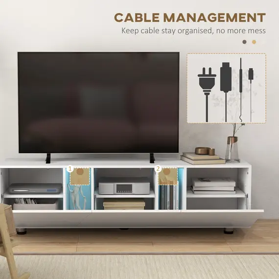 Buy TV Cabinet Stand for TVs up to 70", High Gloss Doors TV Unit with 3 Cupboards, Storage Shelves and 2 Cable Holes for Living Room, White, 6 image