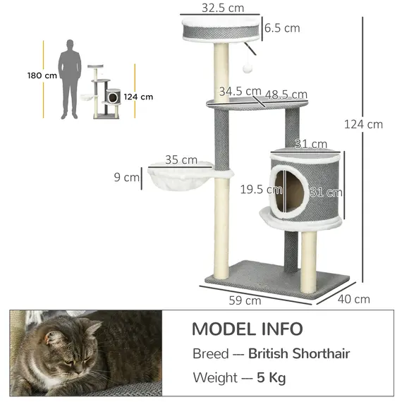 Buy PawHut Cat Tree for Indoor Cats, Cat Tower with Scratching Posts, Multi-level Kitten Climbing Tower, 124cm, 3 image