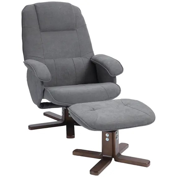 Buy Linen Swivel Recliner Chair with Footstool, Upholstered Reclining Armchair with Wooden Base for Living Room, Grey