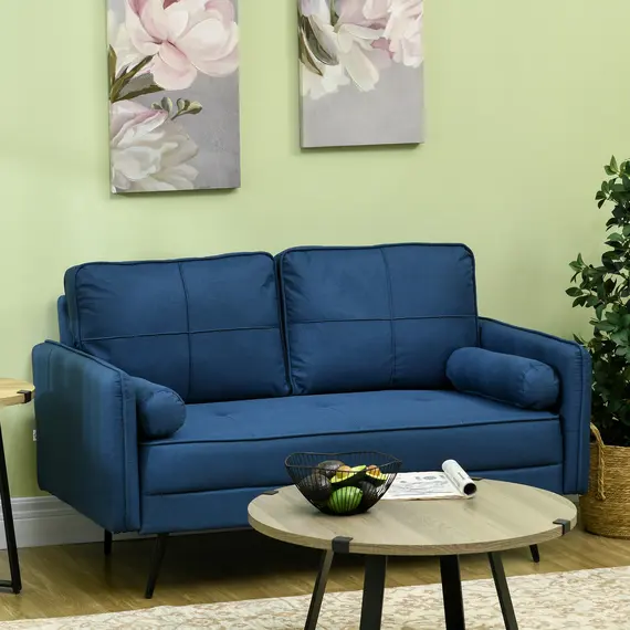 Buy HOMCOM 143cm Loveseat Sofa for Bedroom Upholstered 2 Seater Sofa with Back Cushions and Pillows, Blue, 2 image