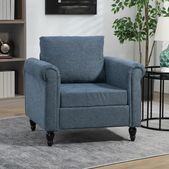 Buy HOMCOM Vintage Accent Chair, Tufted Upholstered Lounge Armchair Single Sofa Chair with Rubber Wood Legs, Rolled Arms, Dark Blue, 2 image