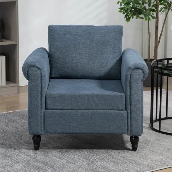 Buy HOMCOM Vintage Accent Chair, Tufted Upholstered Lounge Armchair Single Sofa Chair with Rubber Wood Legs, Rolled Arms, Dark Blue, 7 image