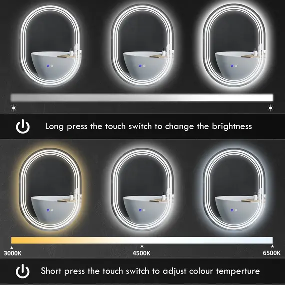 Buy kleankin 800 x 600mm Bathroom Mirror with LED Lights Makeup Mirror with Anti-fog Touch, Switch, Vertical or Horizontal, 5 image