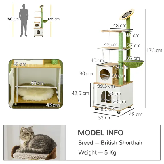 Buy PawHut Cat Tree with Cat Litter Box for Indoor Cats, Cat Enclosure with Scratching Post, Cat Condo, Hammock, Platforms, Removable Cushions, Oak, 3 image