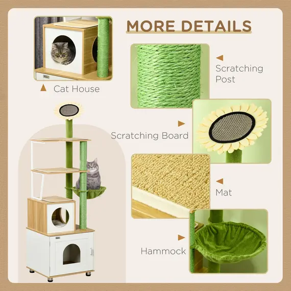Buy PawHut Cat Tree with Cat Litter Box for Indoor Cats, Cat Enclosure with Scratching Post, Cat Condo, Hammock, Platforms, Removable Cushions, Oak, 5 image