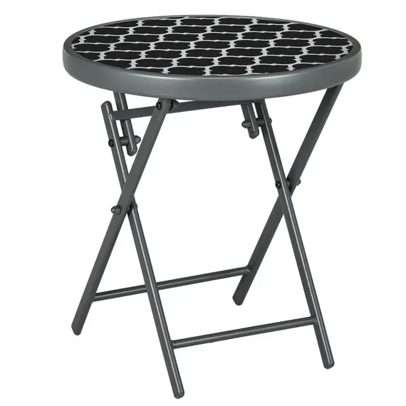 Buy 45cm Garden Side Table, Outdoor Round Folding Patio Table with Imitation Marble Glass Top, Small Coffee Table, Black and White