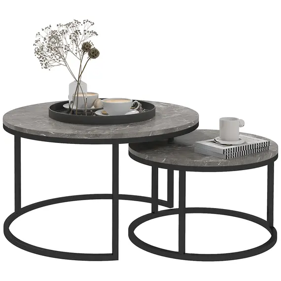 Buy Industrial Nesting Coffee Table Set of 2, Round Coffee Tables, Living Room Table with Faux Marbled Top and Steel Frame