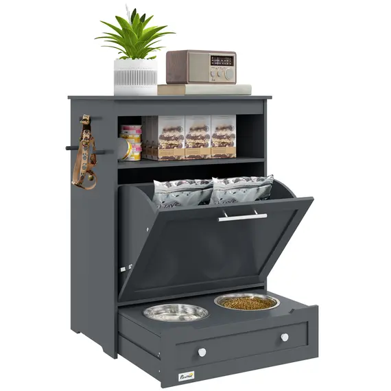 Buy Pet Feeder Station, Dog, Cat Storage Container, with Raised Bowls, Hanger, Cabinet - Grey