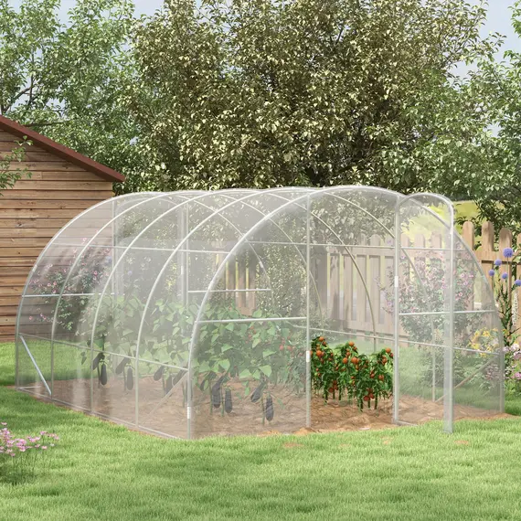 Buy Outsunny Polytunnel Greenhouse Walk-in Grow House with PE Cover, Door and Galvanised Steel Frame, 4 x 3 x 2m, Clear, 2 image