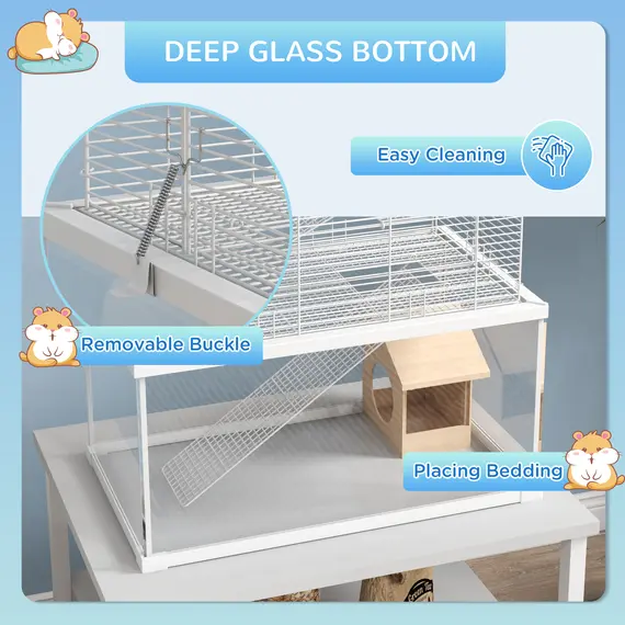 Buy PawHut Gerbil Cage, Dwarf Hamster Cage w/ Deep Glass Bottom, Ramps Platforms Hut Exercise Wheel Water Bottle - White, 6 image
