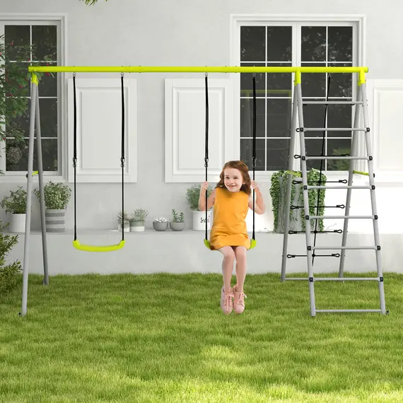 Buy Outsunny 4 in 1 Metal Garden Swing Set with Double Swings Climber Climbing Net Green, 2 image