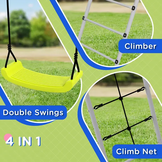 Buy Outsunny 4 in 1 Metal Garden Swing Set with Double Swings Climber Climbing Net Green, 5 image