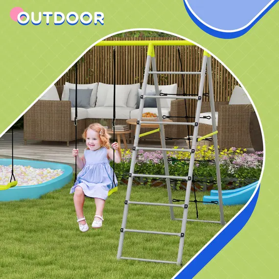 Buy Outsunny 4 in 1 Metal Garden Swing Set with Double Swings Climber Climbing Net Green, 6 image