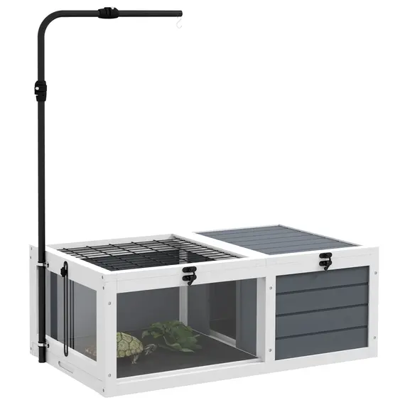Buy Tortoise Table with Adjustable Lamp Holder, Wooden Tortoise House w/ Openable Lids, Pull-Out Trays - Grey