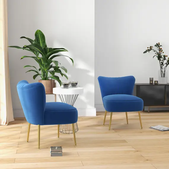 Buy HOMCOM Set of 2 Accent Chairs, Upholstered Living Room Chairs with Gold Tone Steel Legs, Wingback Armless Chairs, Dark Blue, 7 image