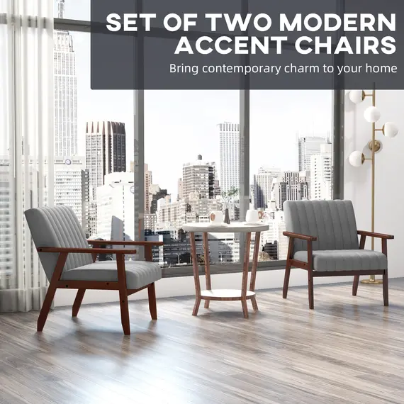 Buy HOMCOM Set of 2 Accent Chairs, Upholstered Living Room Chairs with Wood Legs, Armchairs for Bedroom, Living Room, Grey, 4 image