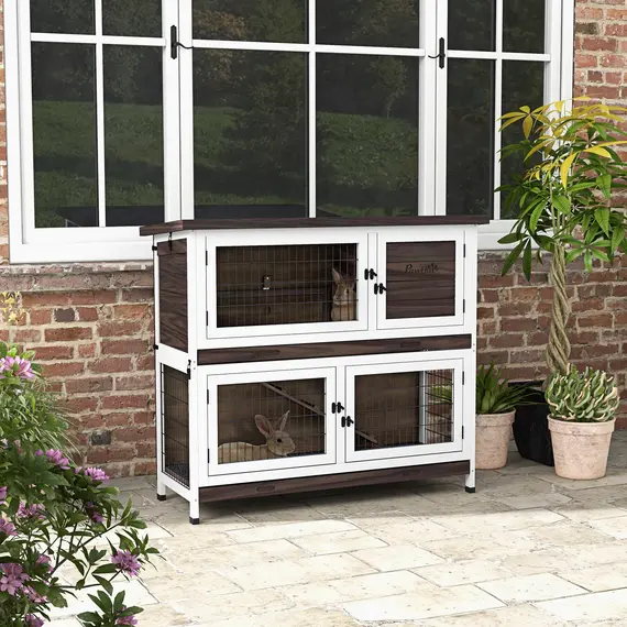 Buy PawHut 2 Tiers Rabbit Cage Outdoor Guinea Pig Hutch with Sliding Trays, Asphalt Roof, No Screws Installation, for 1-2 Rabbits, 2 image