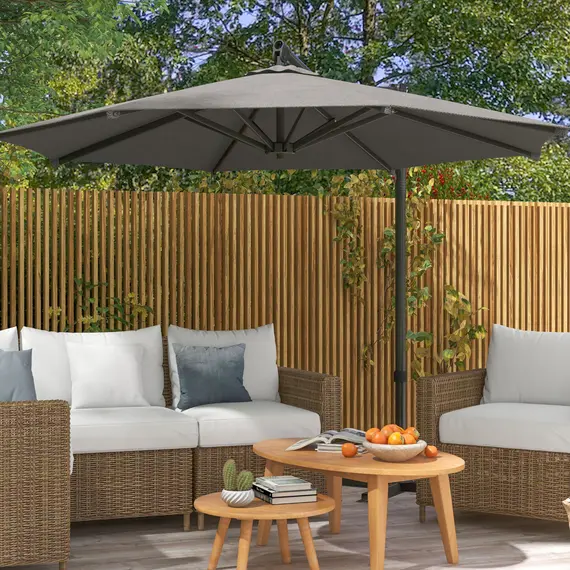 Buy Outsunny 3 m Cantilever Banana Parasol with Cross Base, 360Â° Rotation Patio Umbrella with Crank Handle, Tilt, Dark Grey, 2 image
