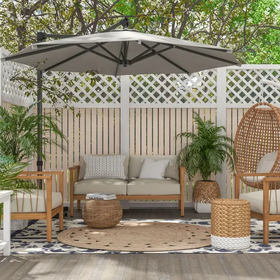 Buy Outsunny 3 m Cantilever Banana Parasol with Cross Base, 360Â° Rotation Patio Umbrella with Crank Handle, Tilt, Light Grey, 9 image