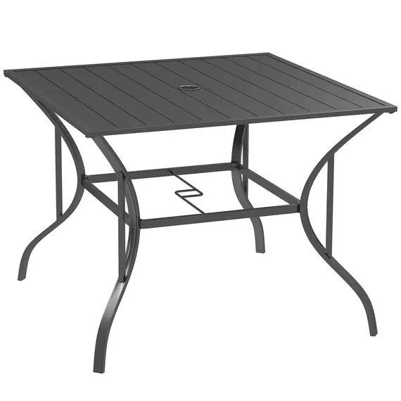 Buy 94 x 94 cm Garden Table with Parasol Hole, Outdoor Dining Garden Table for Four with Slatted Metal Plate Top, Dark Grey