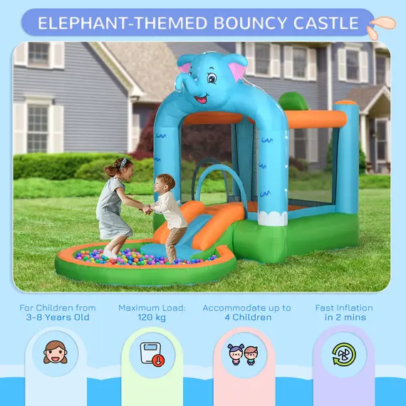 Buy Outsunny 4 in 1 Elephant-Themed Inflatable Water Park, Kids Bouncy Castle, for Ages 3-8 Years - Multicoloured, 5 image