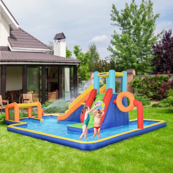 Buy Outsunny 6 in 1 Bouncy Castle with Slide, Pool, Climbing Wall, Water Cannon, Basketball Hoop, Football Stand, for Ages 3-8 Years, 2 image