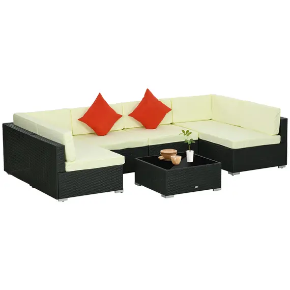 Buy Seven-Piece Rattan Garden Set, with Glass-Top Table - Black/Beige
