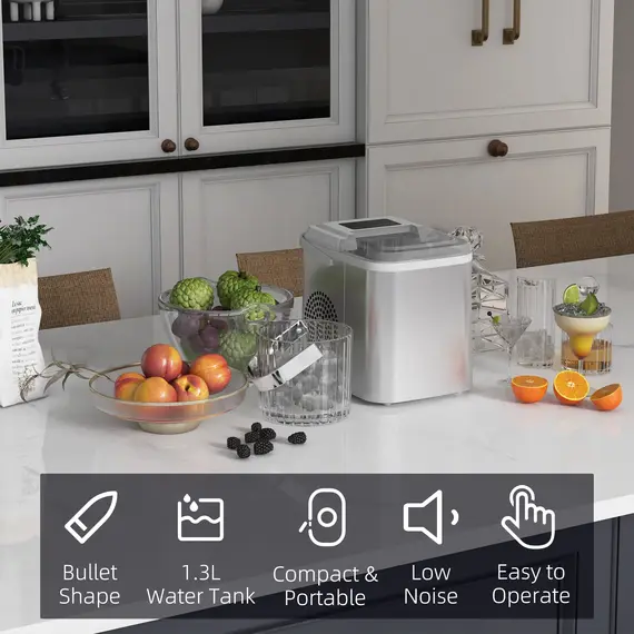 Buy HOMCOM Ice Maker Machine Countertop, 12Kg in 24 Hrs, 9 Cubes Ready in 6-13Mins, Self-Cleaning Portable Ice Cube Maker with 2 Sizes, 8 image