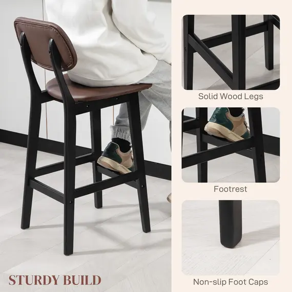 Buy HOMCOM Bar Stools Set of 2, Modern Breakfast Bar Chairs, Faux Leather Upholstered Kitchen Stools with Backs and Wood Legs, Brown, 6 image