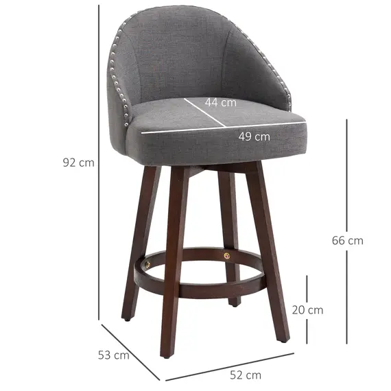 Buy HOMCOM Bar Stools Set of 2, Nailhead Breakfast Bar Stools with Rubber Wood Legs and Footrest for Dining Room, Counter, Pub, Dark Grey, 3 image