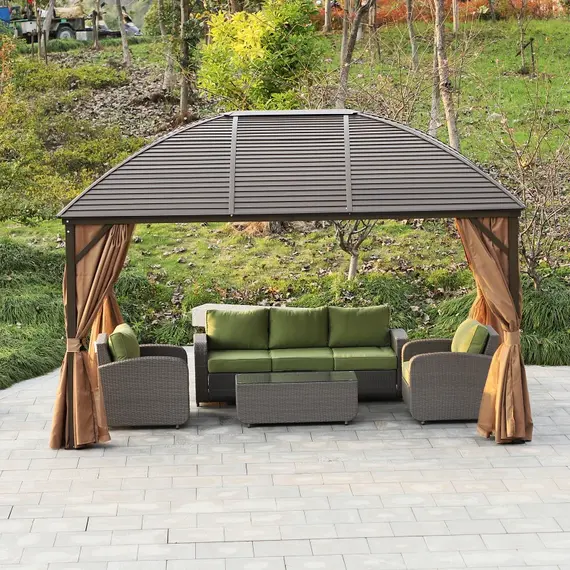 Buy Outsunny 4 x 3(m) Patio Aluminium Gazebo Hardtop Metal Roof Canopy Party Tent Garden Outdoor Shelter with Mesh Curtains & Side Walls, Brown, 3 image