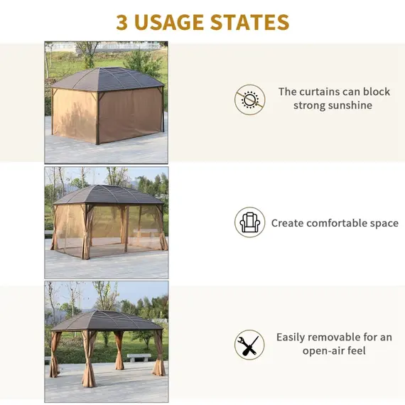 Buy Outsunny 4 x 3(m) Patio Aluminium Gazebo Hardtop Metal Roof Canopy Party Tent Garden Outdoor Shelter with Mesh Curtains & Side Walls, Brown, 4 image