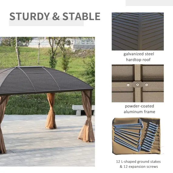Buy Outsunny 4 x 3(m) Patio Aluminium Gazebo Hardtop Metal Roof Canopy Party Tent Garden Outdoor Shelter with Mesh Curtains & Side Walls, Brown, 5 image
