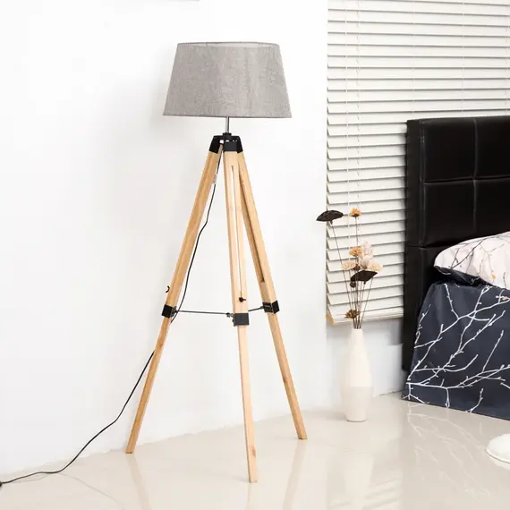 Buy Tripod Floor Lamp Wooden Adjustable Modern Illumination Design E27 Bulb Compatible (Grey Shade) 99-143H, 3 image
