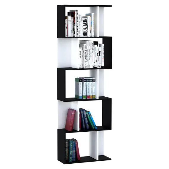 Buy Bookcase, S-Shaped Wooden Bookshelf, 5/6 Tiers Freestanding Storage Shelf, Home Office Decorative Display Stand Rack, Black and White, 24D x 60W x 184.5H