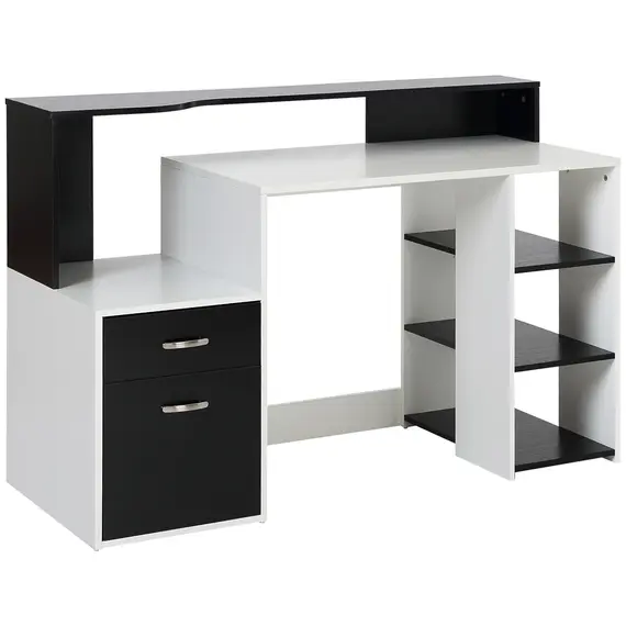 Buy Computer Desk with Drawers and Storage Shelves, Reception Desk, Study Workstation for Home Office, 137 x 55 x 92cm, Black and White
